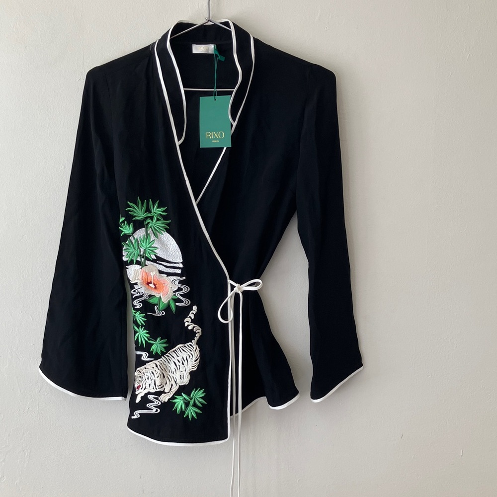 Rixo London • Iris Tiger Blossom Wrap Top in Black